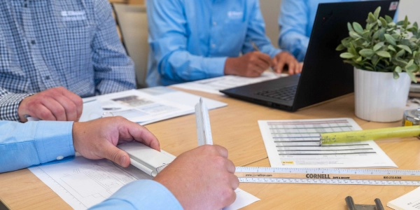 he Clopay Architectural Design Support Team, a group of five professionals, smiling and collaborating in a modern office setting.