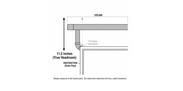 technical diagram illustrating how to measure headroom for a residential garage door track. An arrow indicates the measurement from the top of the finished door opening to the lowest obstruction on the ceiling.
