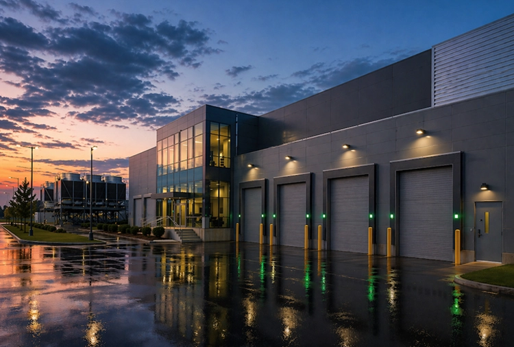 High-performance rolling commercial doors securing the loading dock bays of a mission-critical data center, ensuring perimeter security and environmental control.