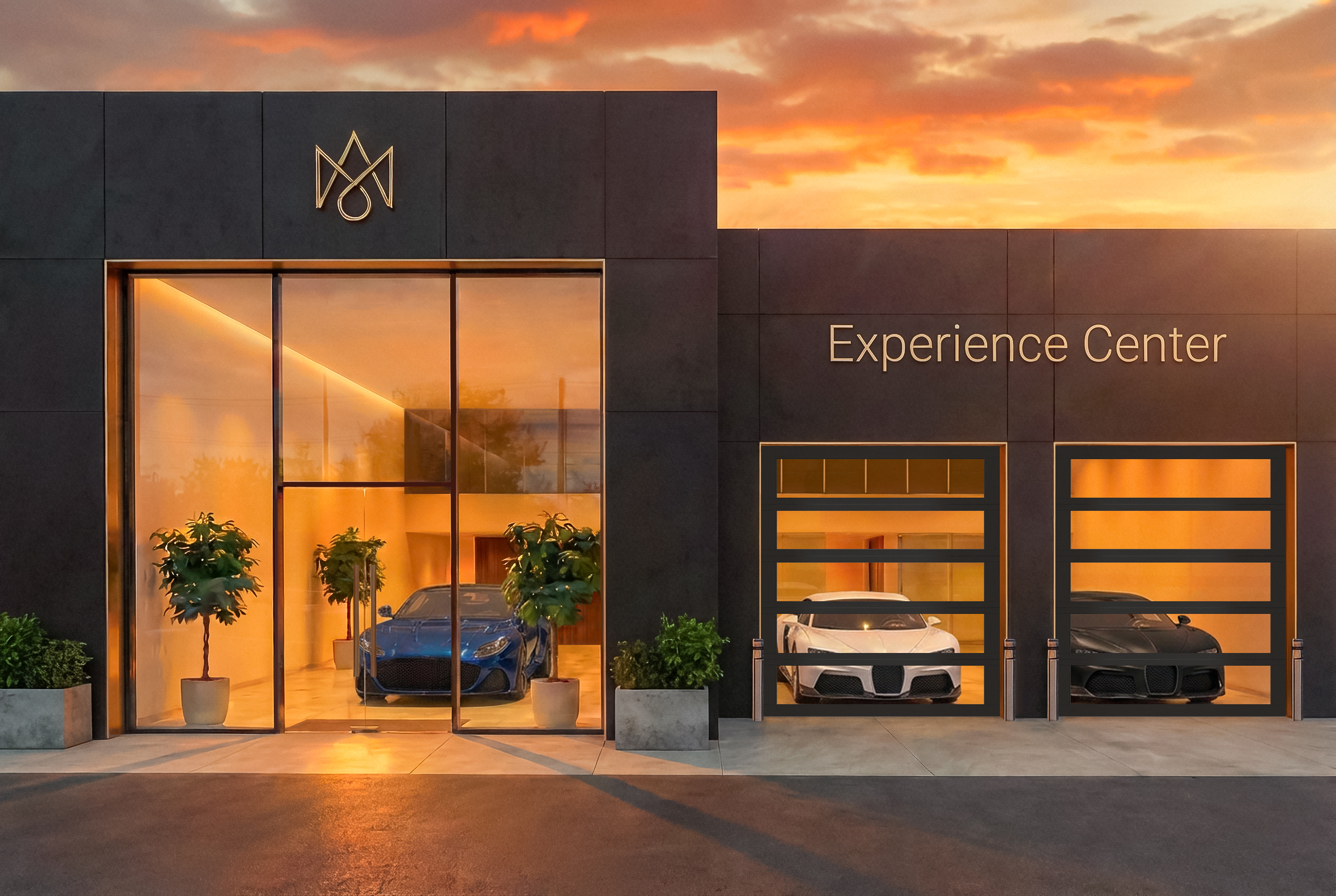 Clopay Commercial C-Power Technology on 904 clear-view door. The sunlight is casting an orange glow on cars in a gray auto center featuring a blue, white and black car with a sign that says Experience Center with a logo on top.