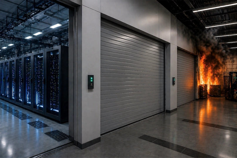 Zone 2: Fire-Rated Doors for Interior Compartmentalization and Life Safety A fire-rated rolling door providing critical compartmentalization, protecting mission-critical data center servers from fire and smoke damage.