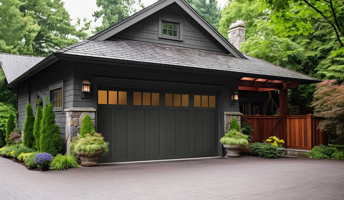 Canyon Ridge Elements garage door in color Iron Ore