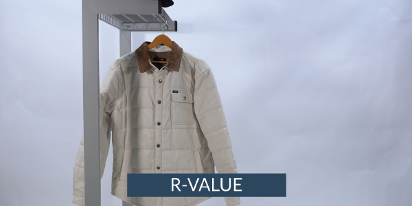 R-Value winter coat hanging on a rack representing r-value